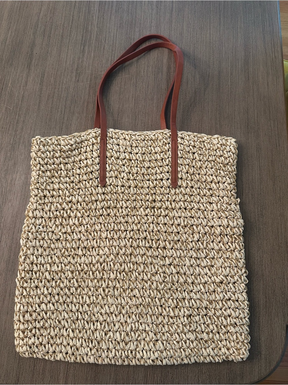 Eileen Fisher Natural Woven Straw Tote with Brown Handles